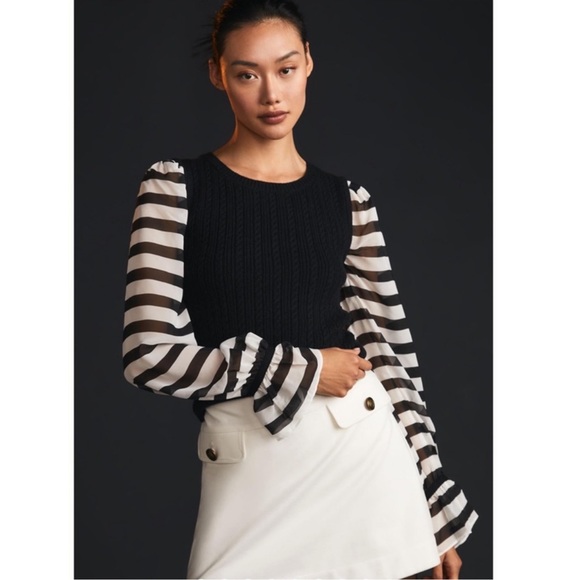 Anthropologie Sweaters - ANTHROPOLOGIE Maeve black and white cable knit contrast sweater M